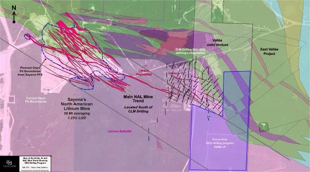 Location of 2023 drilling on the JV Property & the NAL mine trend [historical drill hole, geology and showing information from the Government of Quebec website https://sigeom.mines.gouv.qc.ca/signet/classes/I1108_afchCarteIntr.]